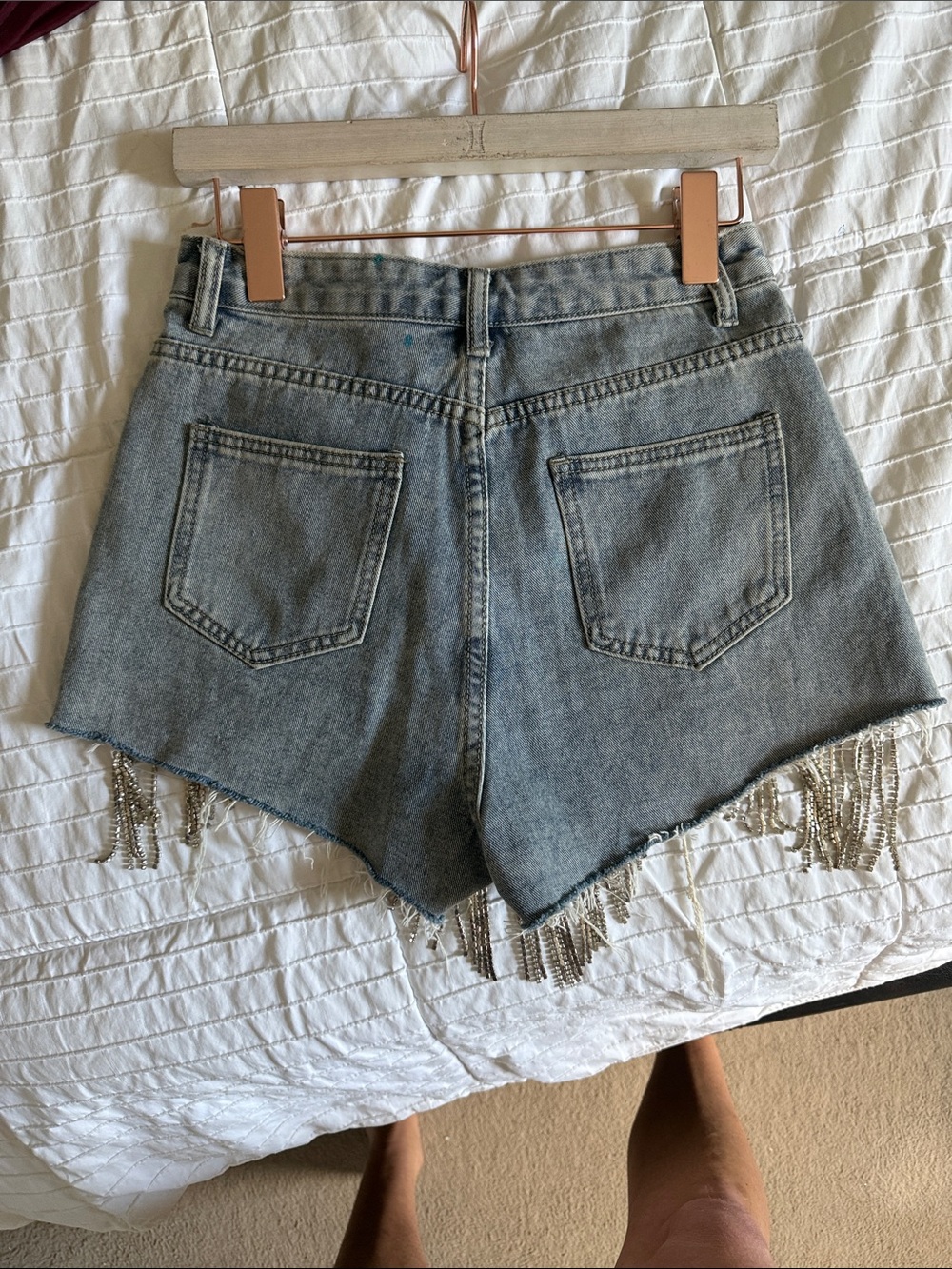 Distressed Denim Fringe Shorts with Rhinestone Chains NWT - Picture 2 of 5